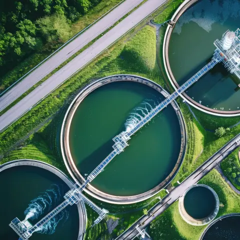 Headerbild Wasserwirtschaft Kläranlagen und Natur von oben, symbolisieren nachhaltige Wasserwirtschaft im GreenTech-Bereich